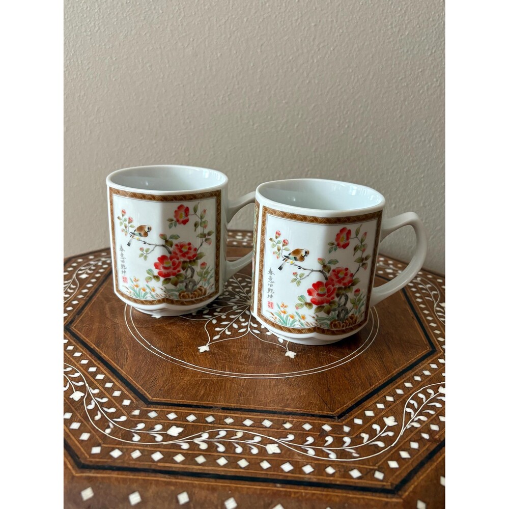Vintage Pair Of Kutani Mugs Cups Bird Flowers Japan
